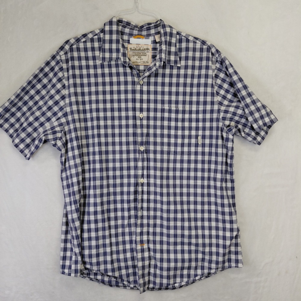 Timberland Stratham Issue Mens XL Blue White Plaid Short Sleeve‎ Button Shirt